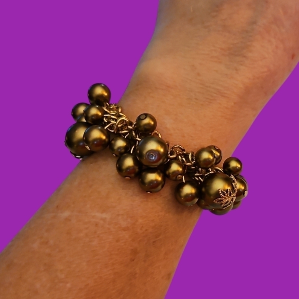 Vintage Chunky Bronze Gold Glass Beaded Chainmaille Cha Cha Stretch Bracelet